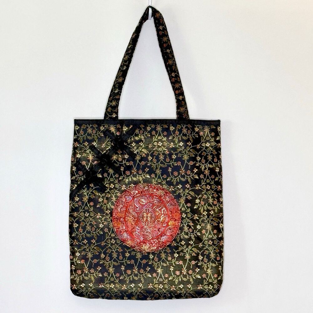 RAMPAGE CLOTHING CO Tote Bag Satin Embroidered Black Floral w/Red Center Asian